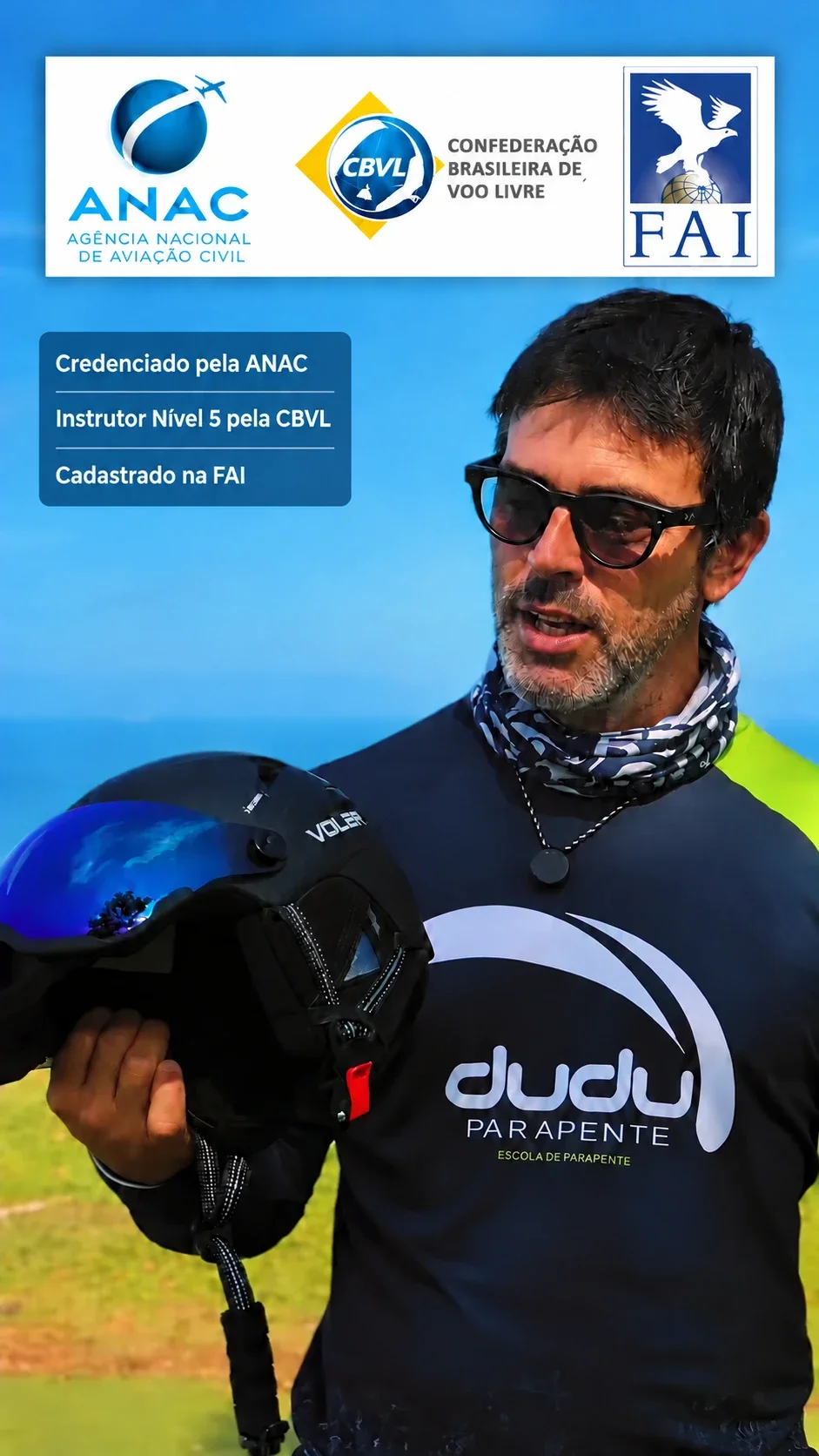 Dudu, instrutor de parapente: credenciado pela ANAC, instrutor nível 5 pela CBVL e cadastrado na FAI
